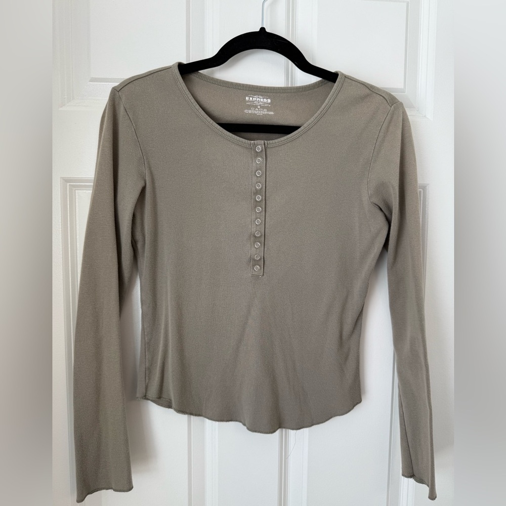 Vintage Y2K‎ 90s Express Long Sleeve Top Sz M Olive Green Henley Shirt Preppy